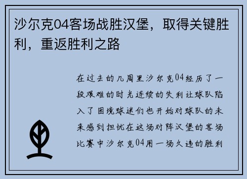 沙尔克04客场战胜汉堡，取得关键胜利，重返胜利之路