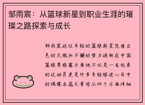邹雨宸：从篮球新星到职业生涯的璀璨之路探索与成长